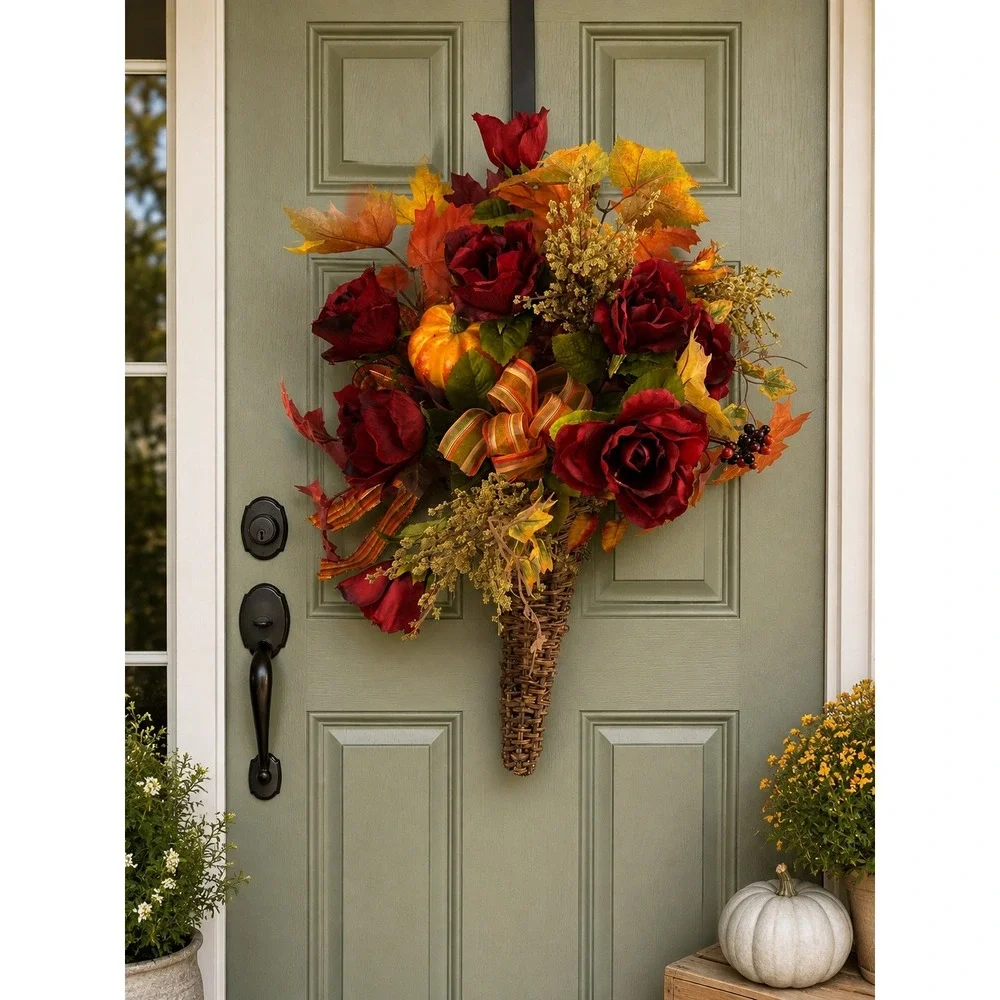 Fall Floral Cornucopia Wicker Basket Red Roses Pumpkin Harvest Decor